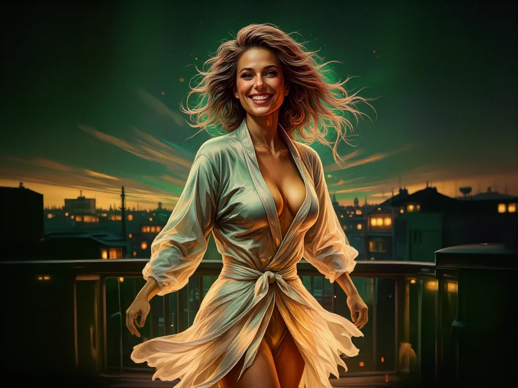 a smiley lounge singer in a satin robe mid-turn with fabric catching the light, on a neon-lit rooftop at midnight, Natio
