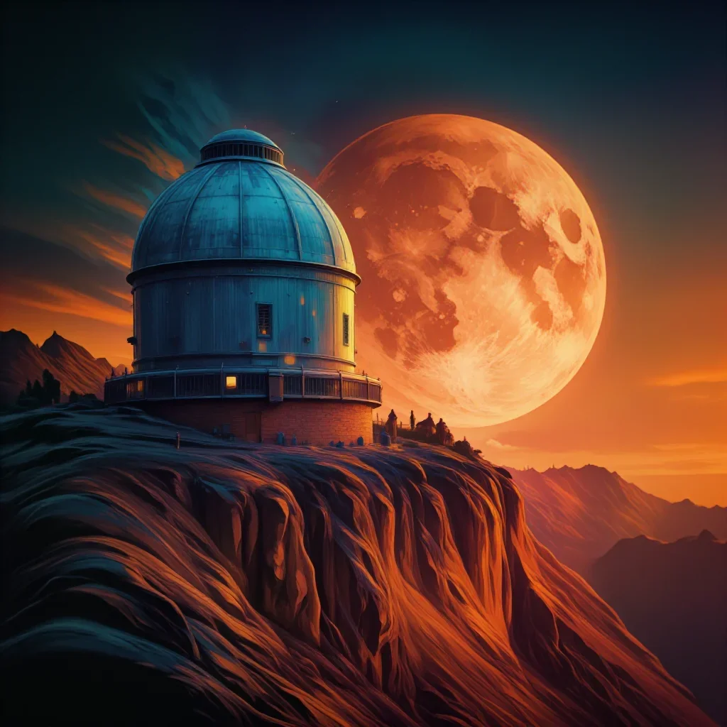 a cliffside observatory at moonrise, dreamlike fine-art landscape photography, restrained color harmony, ochre and ultra