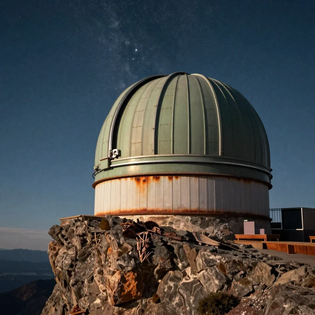 a cliffside observatory beneath a star-filled sky, museum-quality still-life photography, atmospheric depth, rust and sa