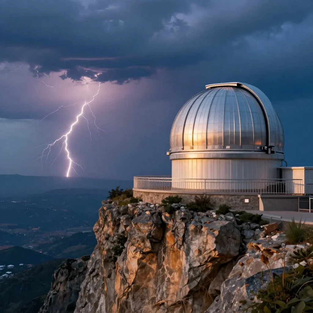 a cliffside observatory after a distant thunderstorm, museum-quality still-life photography, gentle reflected light, cob