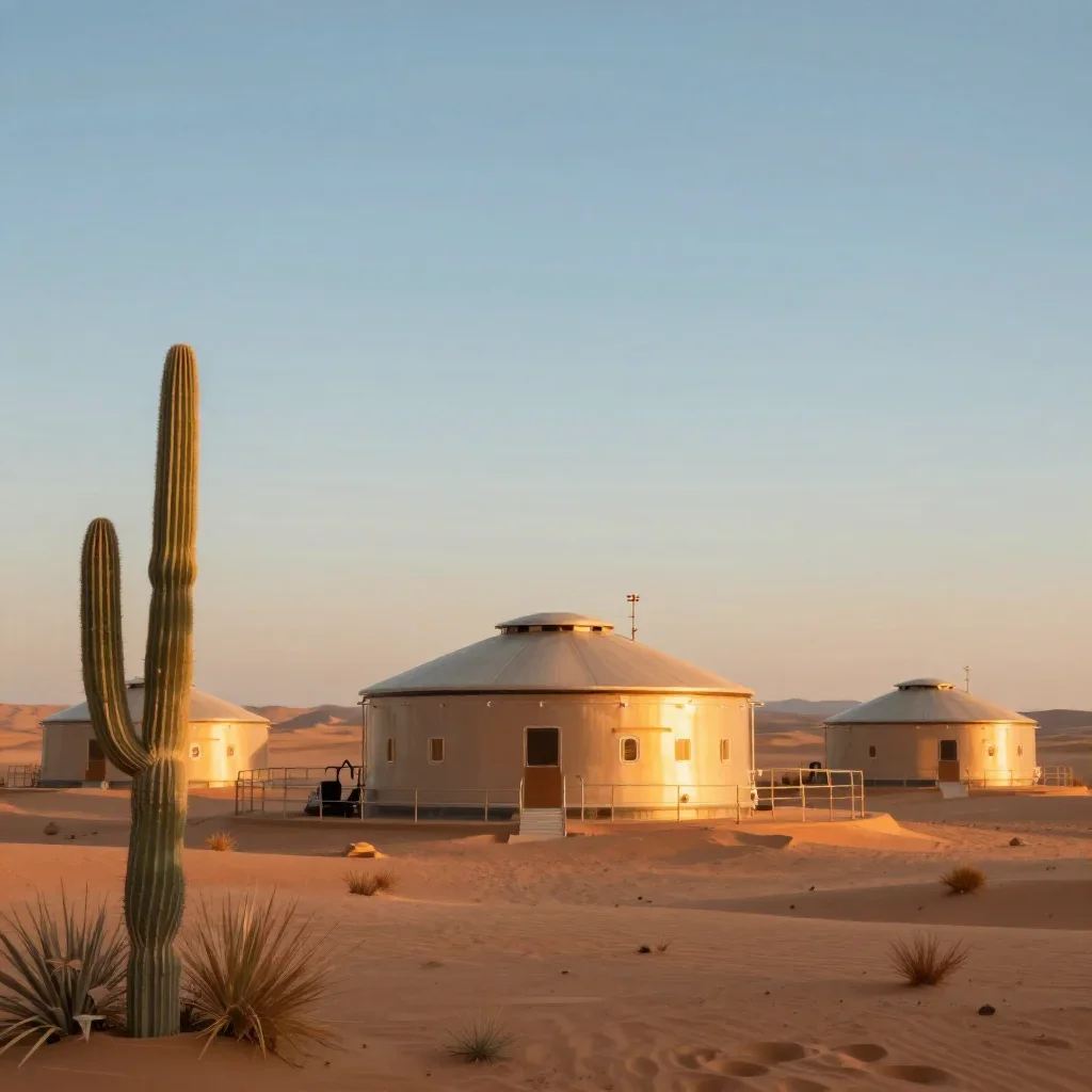 a desert research station during golden hour, contemporary botanical illustration, restrained color harmony, terracotta 