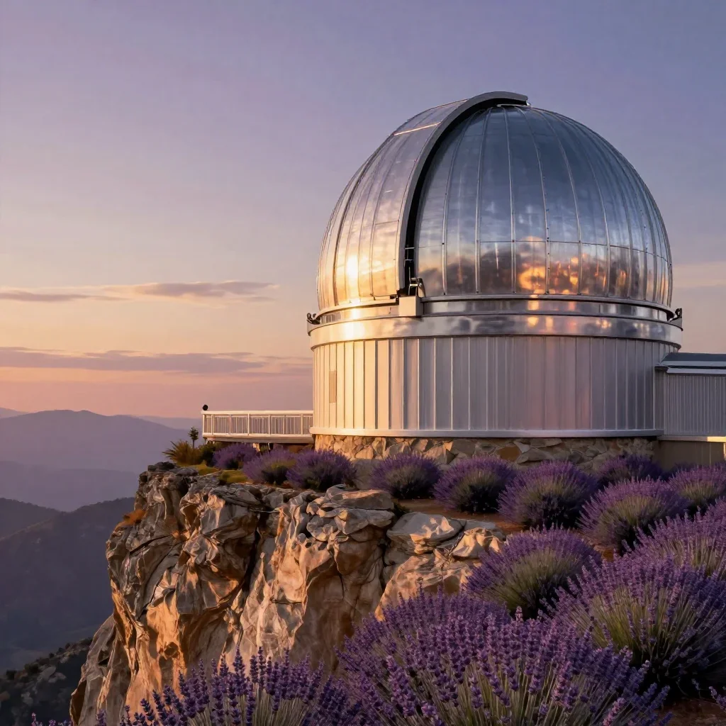 a cliffside observatory during golden hour, cinematic architectural photography, atmospheric depth, lavender and silver 