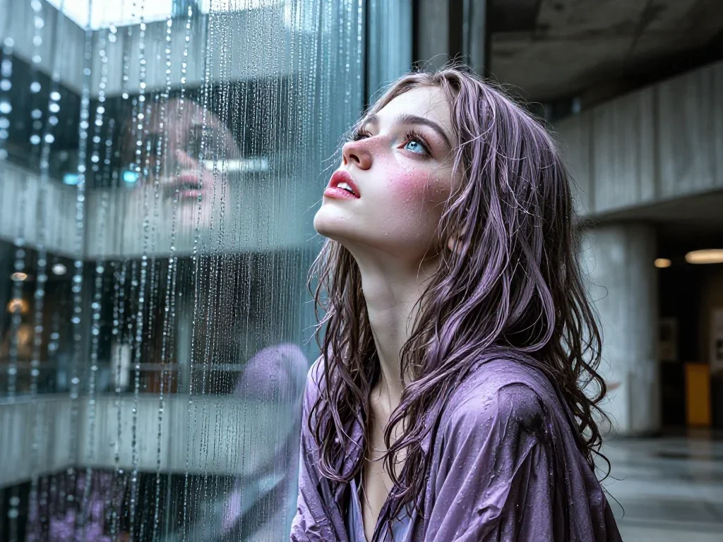 a lover leaning against rain-streaked glass in a low lunge with a lifted chin, in a brutalist concrete atrium, Renaissan