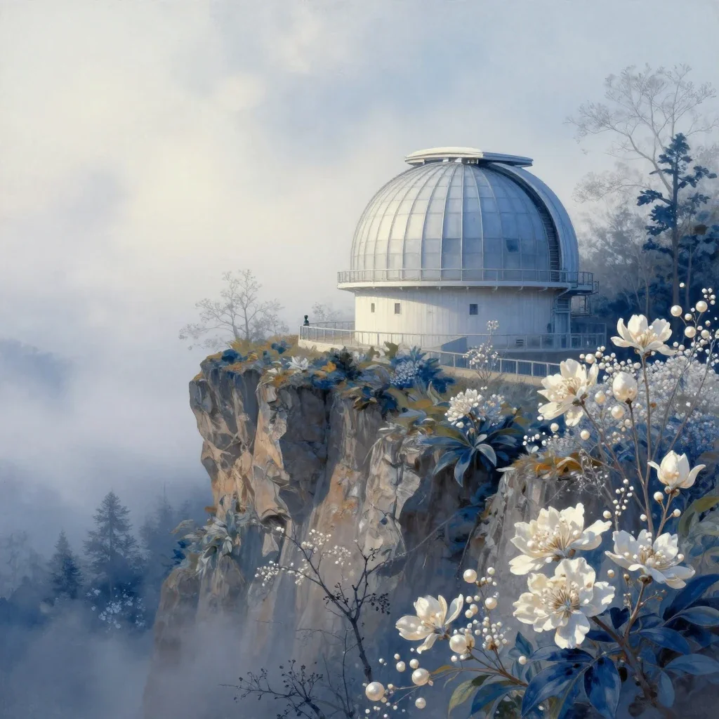 a cliffside observatory in early spring mist, contemporary botanical illustration, soft volumetric light, indigo and pea