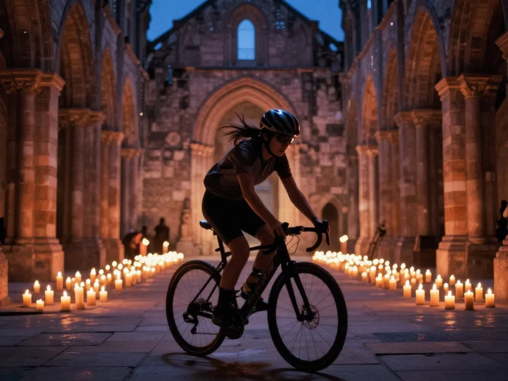 a rider removing a helmet, flushed and windblown in a confident cinematic stride, in a candle-lit cathedral ruin, soft-g
