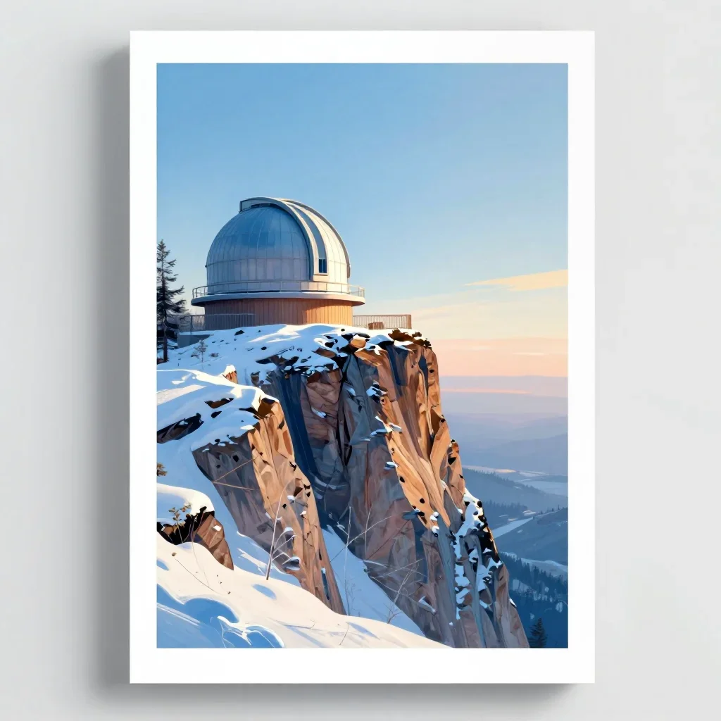 a cliffside observatory in crisp winter sunlight, modernist poster illustration, calm negative space, ice blue and warm 