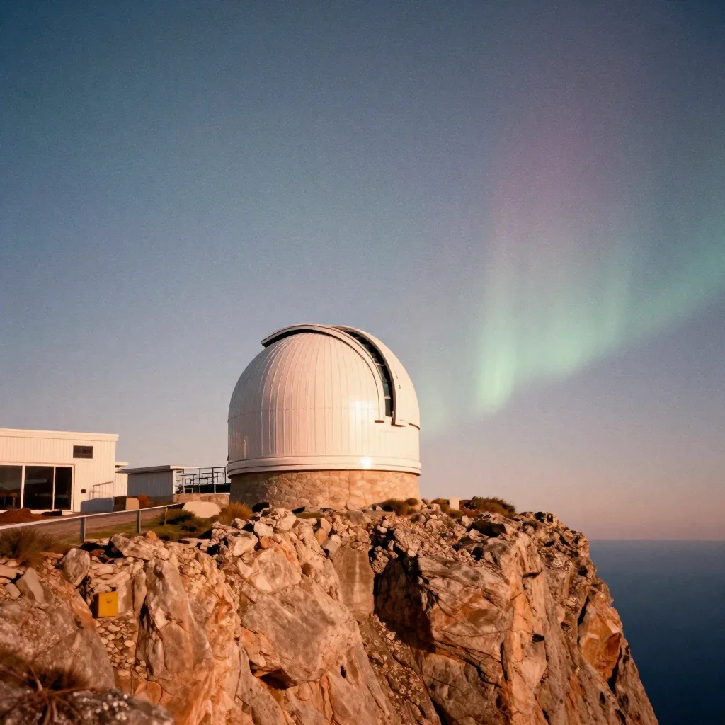 a cliffside observatory beneath an aurora, soft-grain analog film photography, subtle film grain, ochre and ultramarine