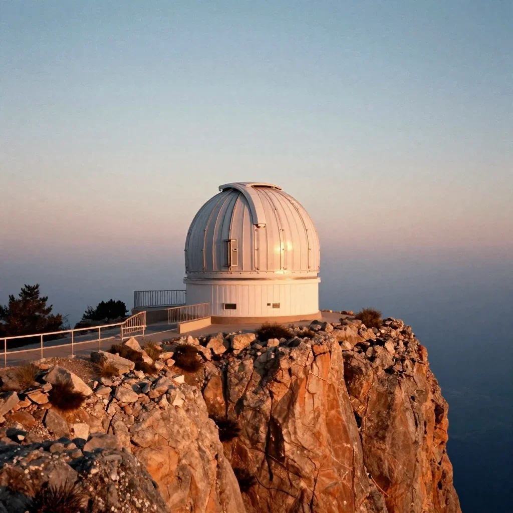 a cliffside observatory in quiet late-afternoon haze, soft-grain analog film photography, crisp material detail, ochre a