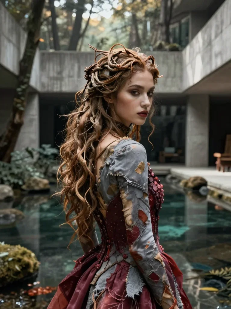 a dryad with vine-woven hair in a forest pool in an alluring over-the-shoulder glance, in a brutalist concrete atrium, f
