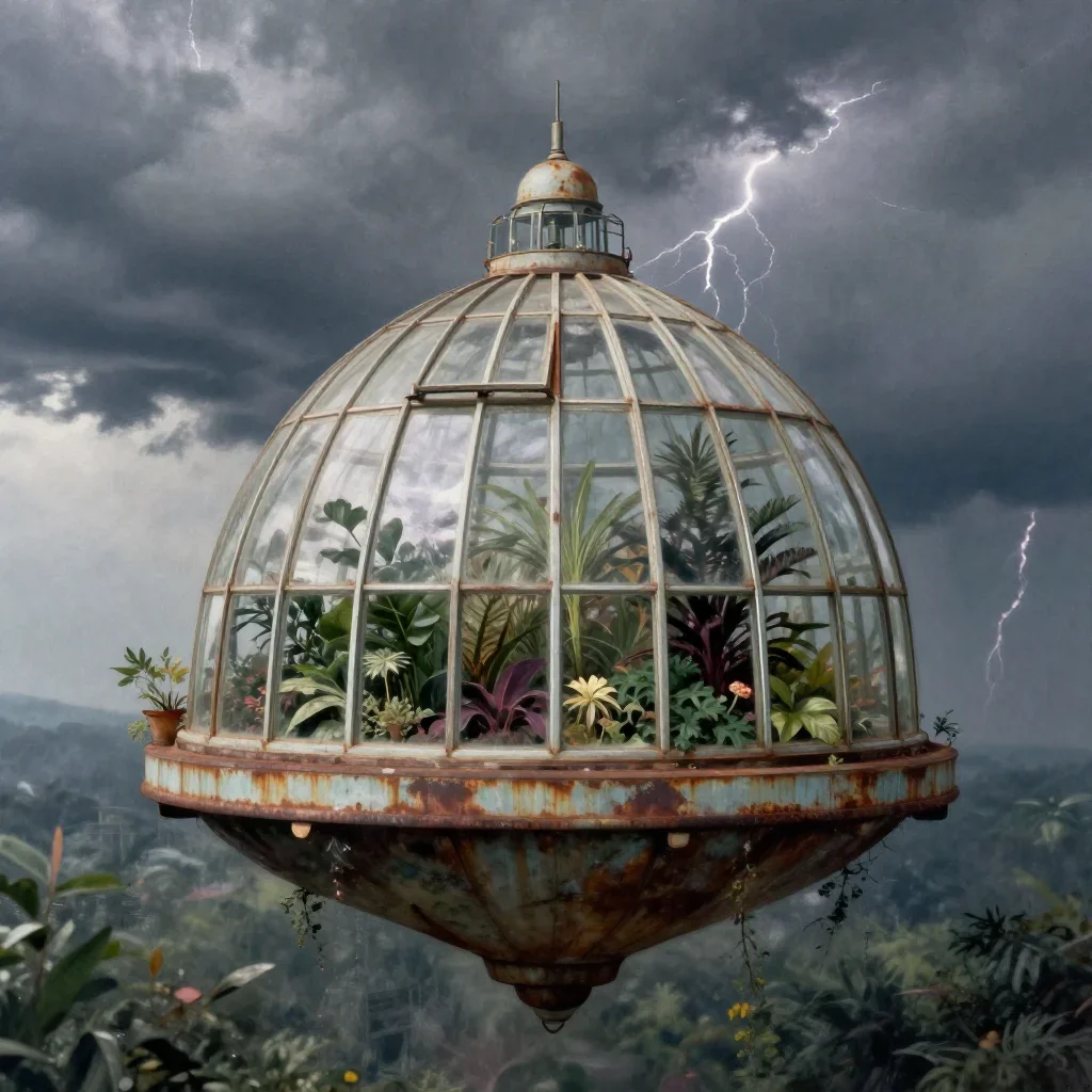 a floating botanical conservatory after a distant thunderstorm, quiet science-fiction concept art, subtle film grain, ru