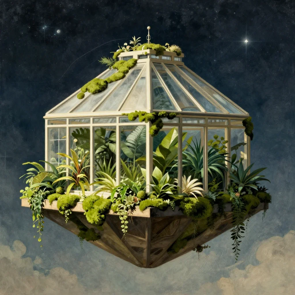 a floating botanical conservatory beneath a star-filled sky, contemporary botanical illustration, careful geometric comp