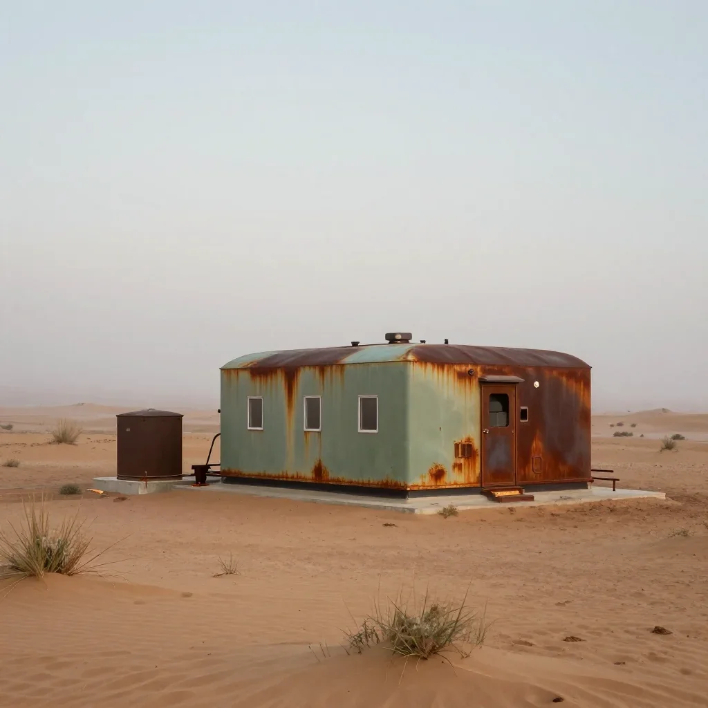 a desert research station under soft dawn fog, refined editorial travel photography, clean natural textures, rust and sa