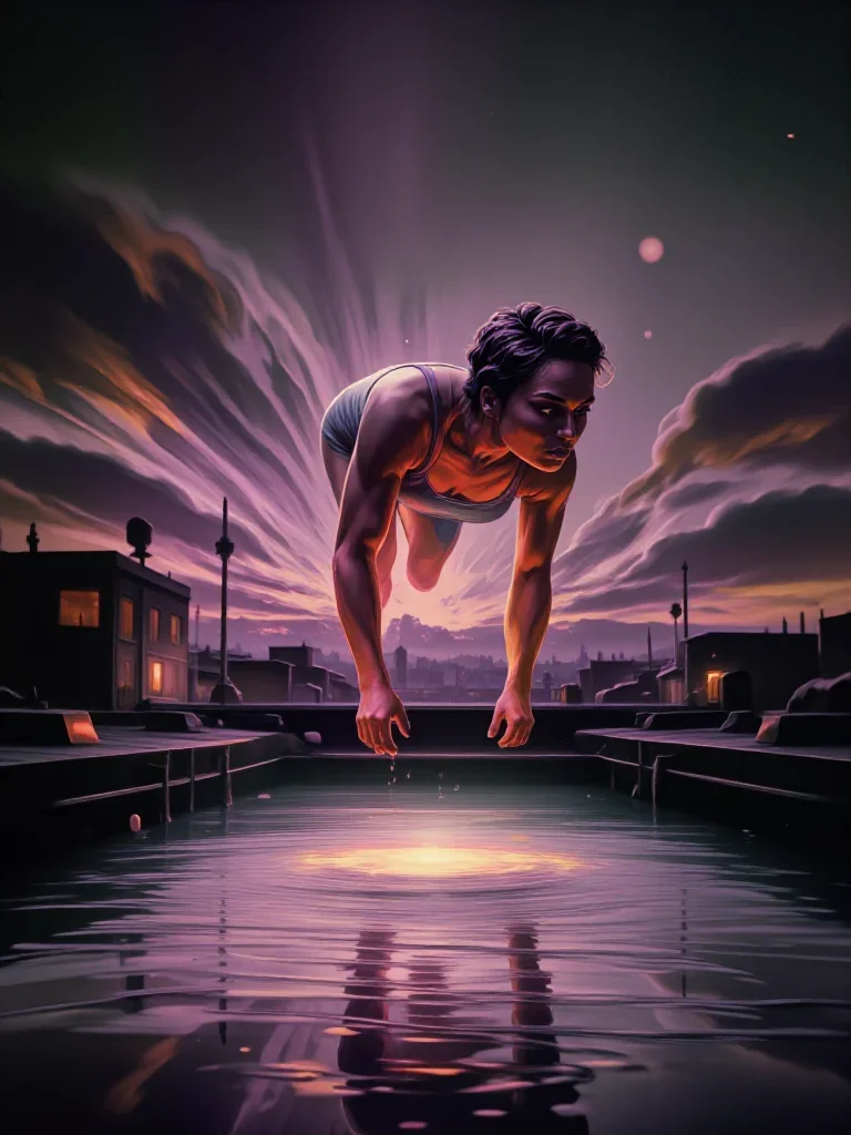 a swimmer before the plunge in a racing suit in an alluring over-the-shoulder glance, on a neon-lit rooftop at midnight,