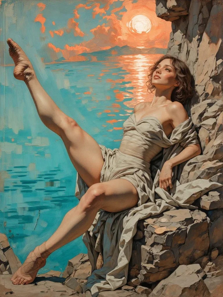a ballet dancer in a bare-shoulder leotard, mid-extension reclining elegantly on a chaise, on a sun-drenched cliffside,