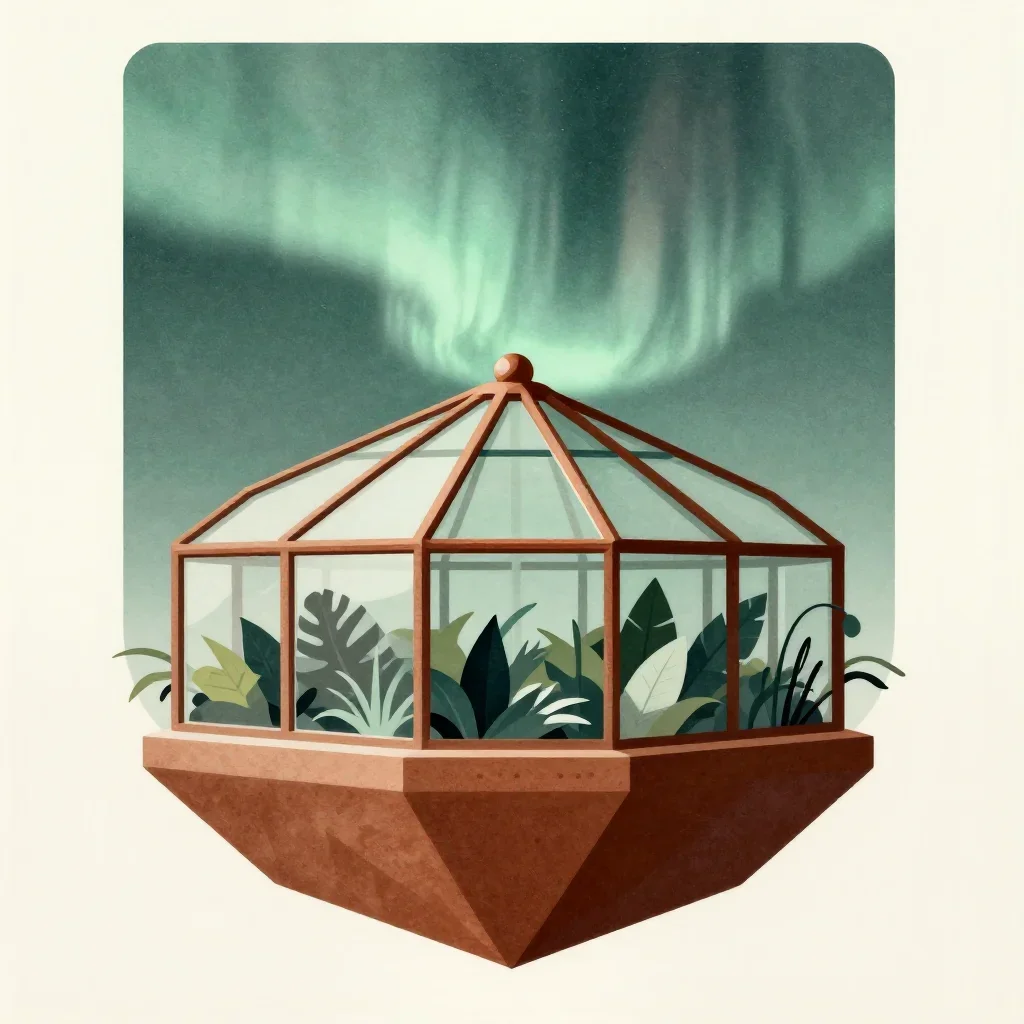 a floating botanical conservatory beneath an aurora, modernist poster illustration, careful geometric composition, rust