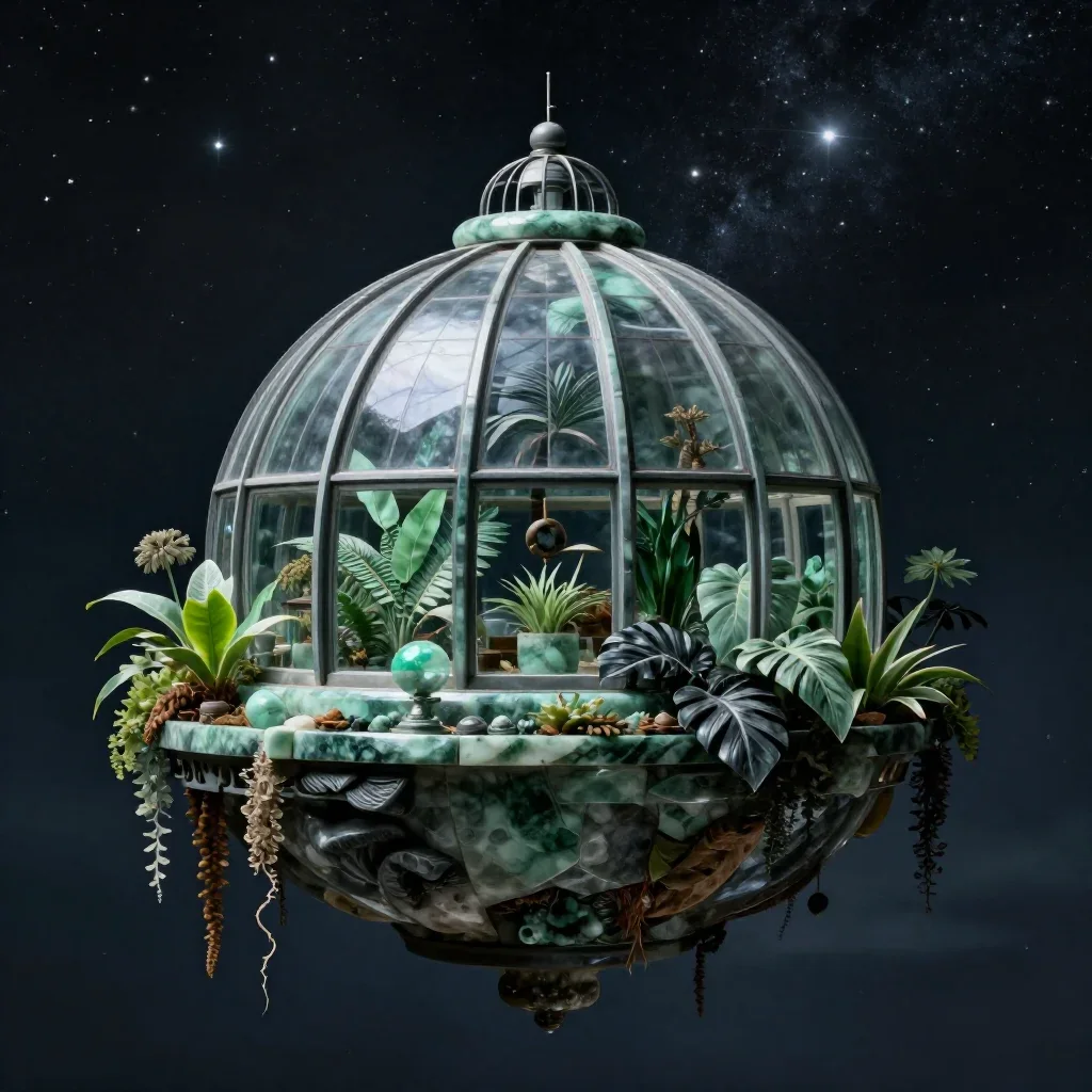 a floating botanical conservatory beneath a star-filled sky, quiet science-fiction concept art, clean natural textures, 