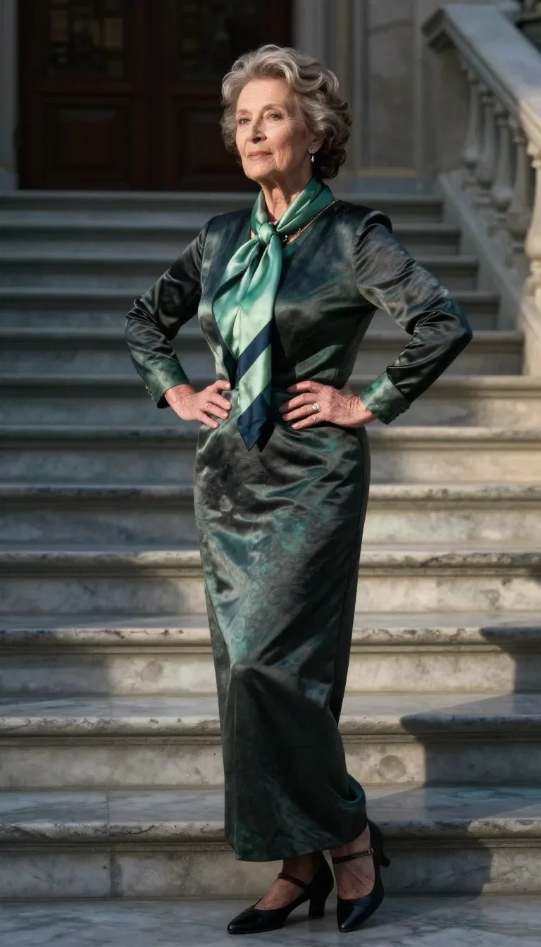 an elegant older stateswoman in a silk scarf in a graceful contrapposto pose, on a marble staircase at dawn, Renaissance