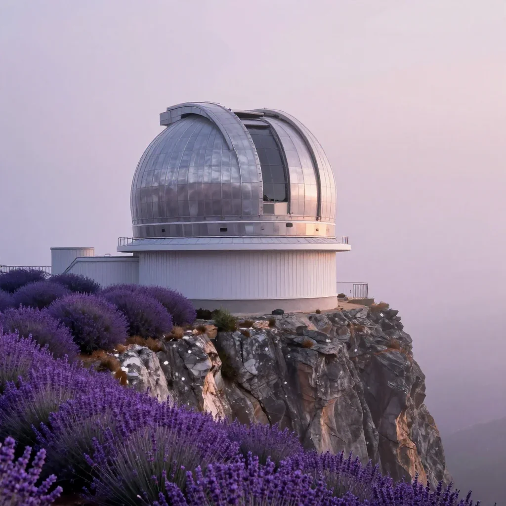 a cliffside observatory under soft dawn fog, cinematic architectural photography, careful geometric composition, lavende