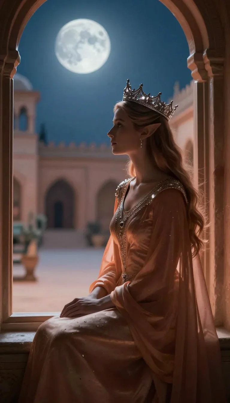 an elven queen in a moonlit silver crown in a seated silhouette against a window, in a moonlit palace courtyard, cinemat
