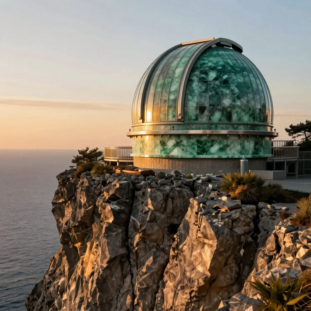 a cliffside observatory during golden hour, high-end design magazine photography, crisp material detail, jade and charco