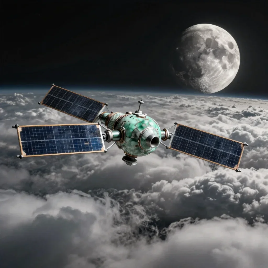 a solar sail above cloud layers at moonrise, quiet science-fiction concept art, weathered tactile surfaces, jade and cha