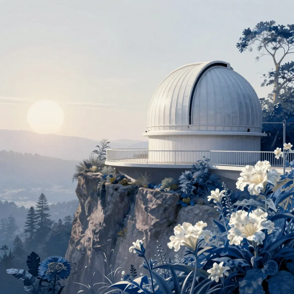 a cliffside observatory in quiet late-afternoon haze, contemporary botanical illustration, soft volumetric light, indigo