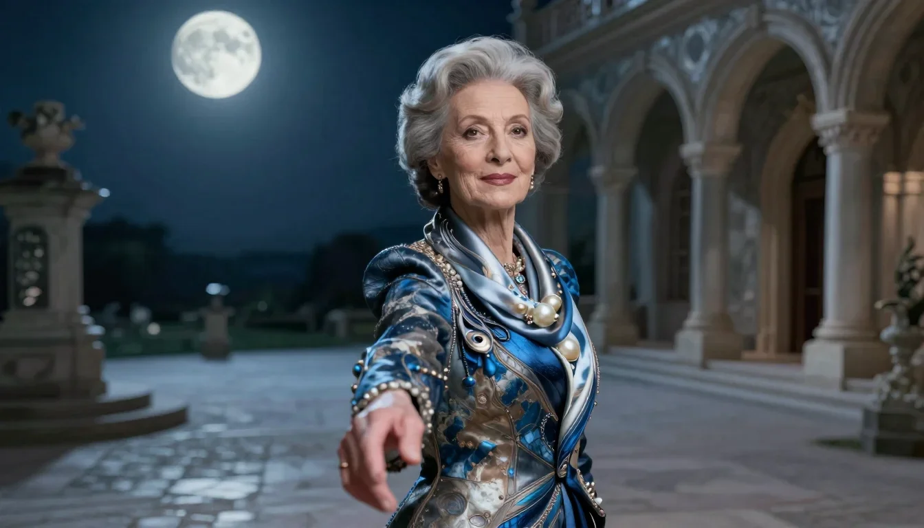 an elegant older stateswoman in a silk scarf in a gentle reach toward the lens, in a moonlit palace courtyard, futuristi