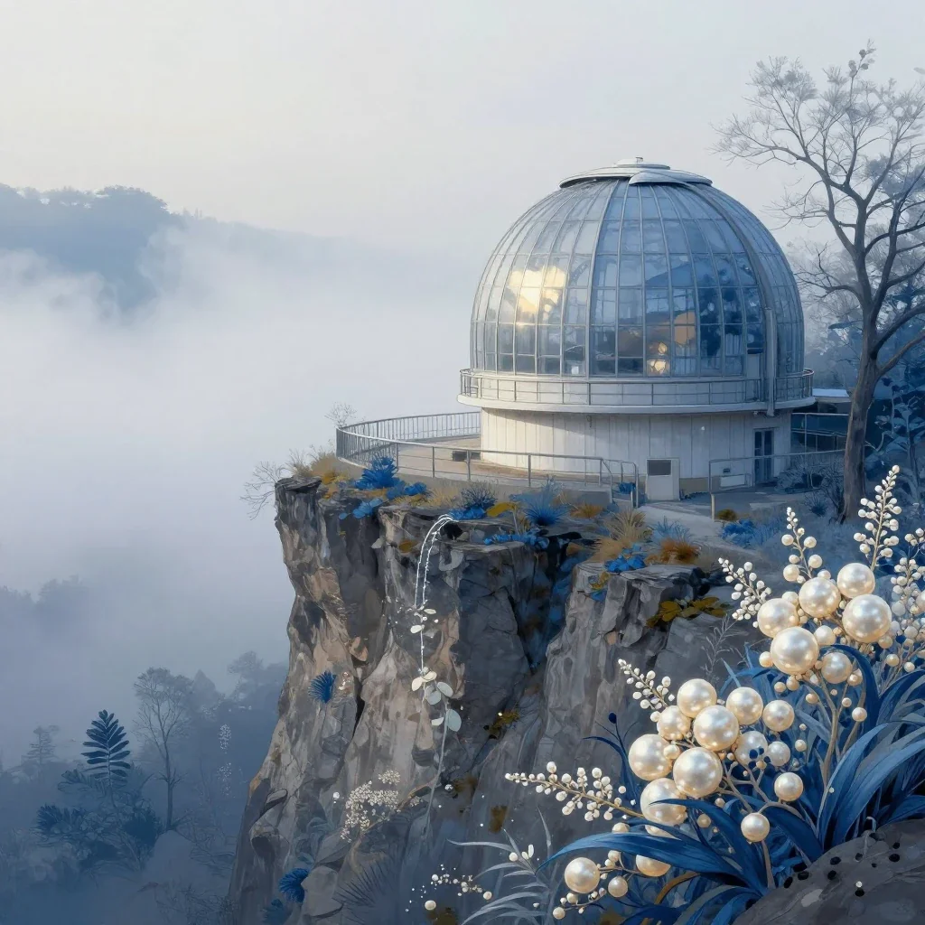 a cliffside observatory in early spring mist, contemporary botanical illustration, gentle reflected light, indigo and pe