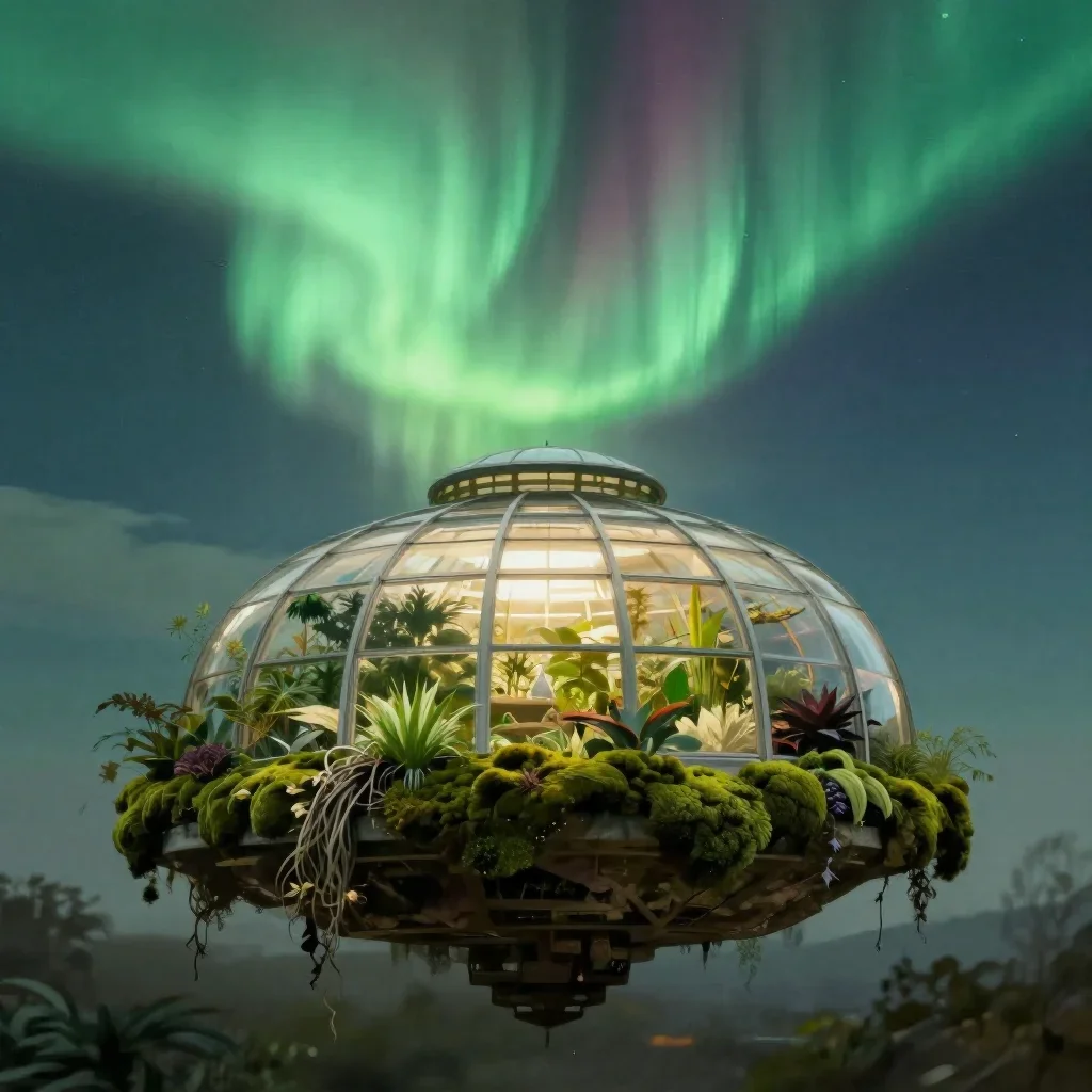 a floating botanical conservatory beneath an aurora, quiet science-fiction concept art, atmospheric depth, moss green an