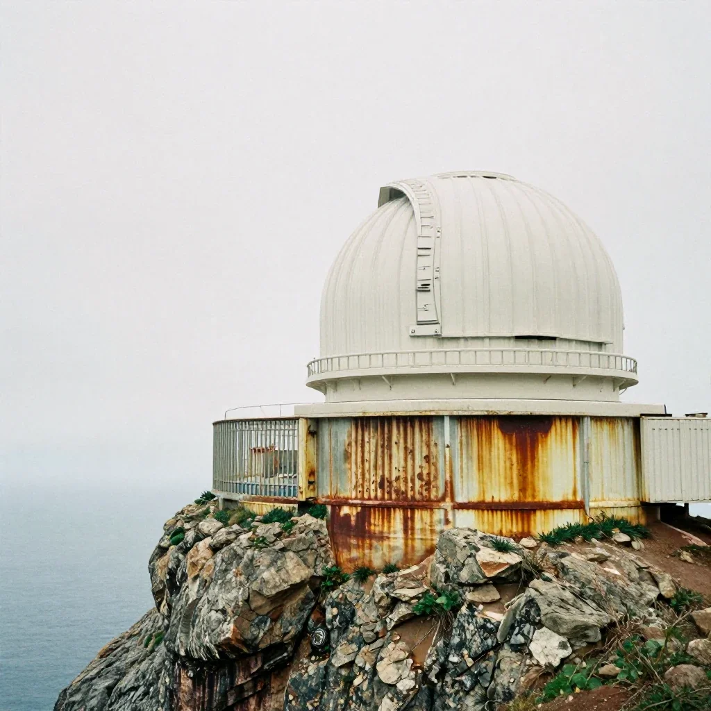 a cliffside observatory under overcast coastal light, soft-grain analog film photography, clean natural textures, rust a