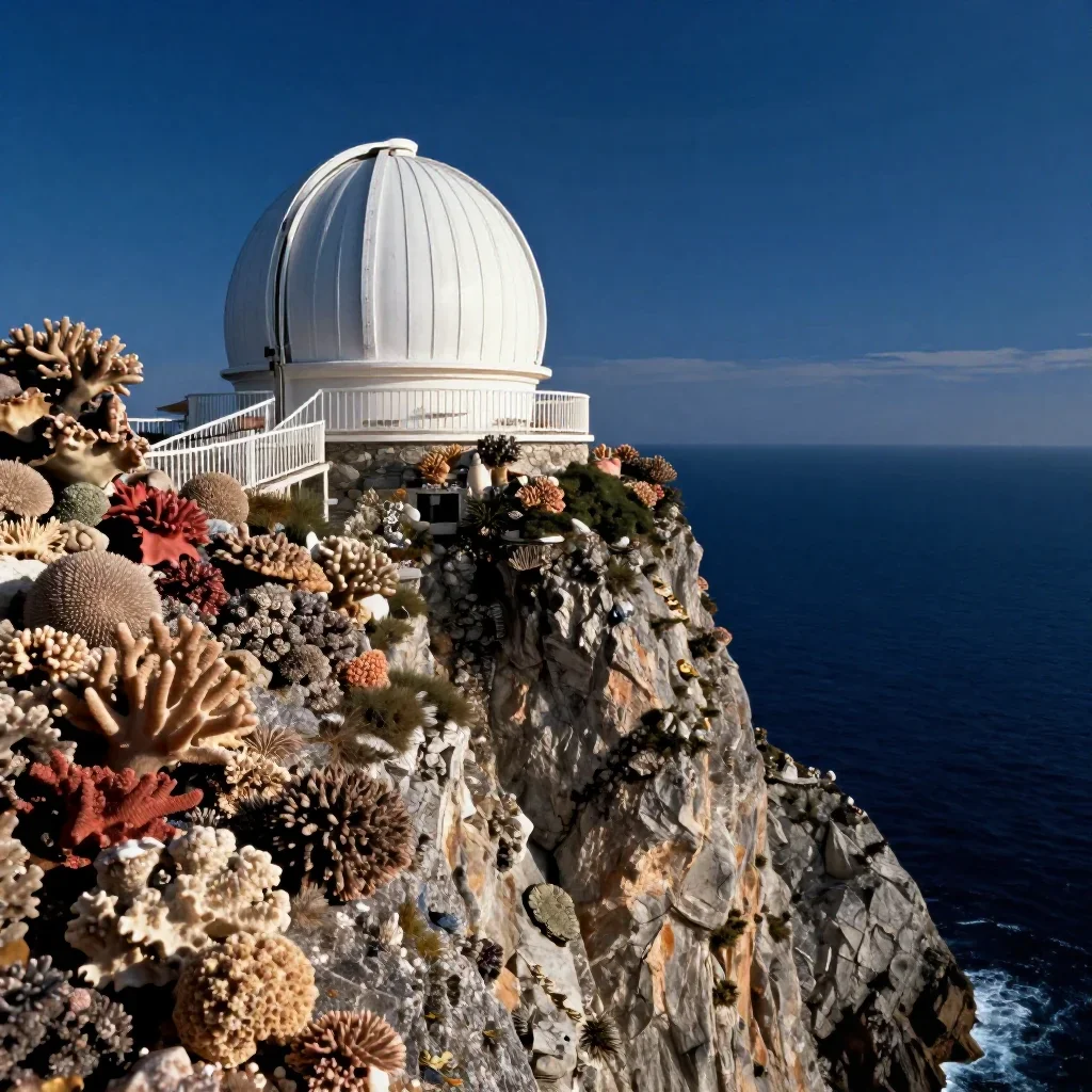 a cliffside observatory in a gentle sea breeze, refined editorial travel photography, crisp material detail, coral and m