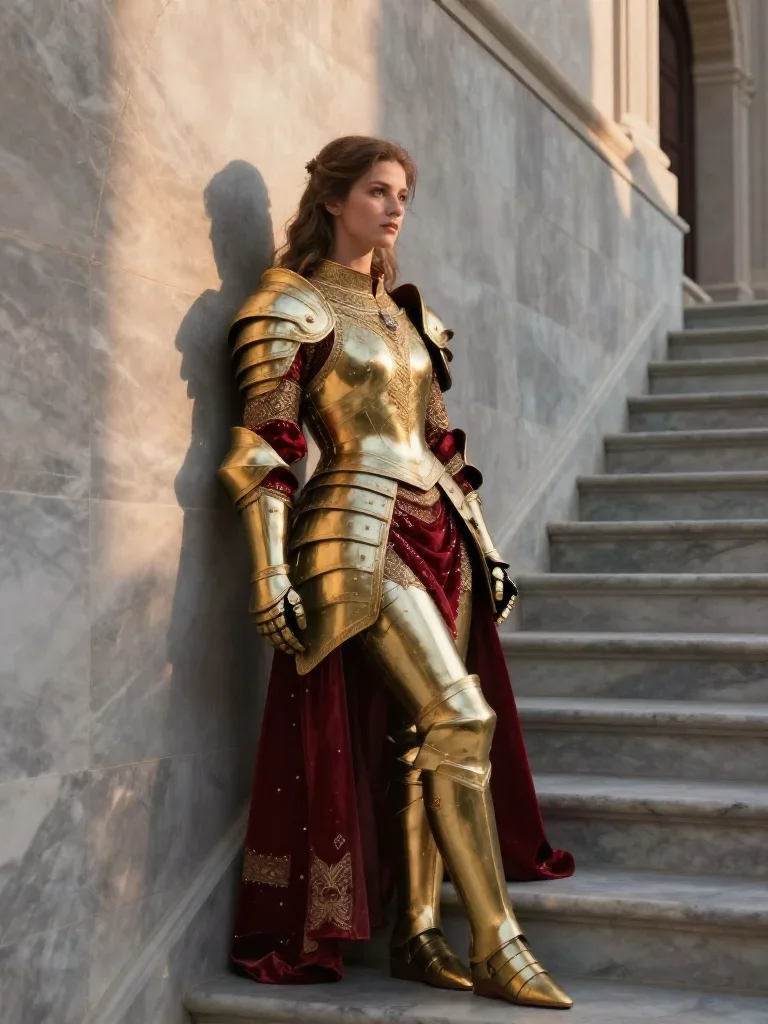 a warrior queen in ornate gilded armor in a wind-swept lean against a wall, on a marble staircase at dawn, dreamlike fan