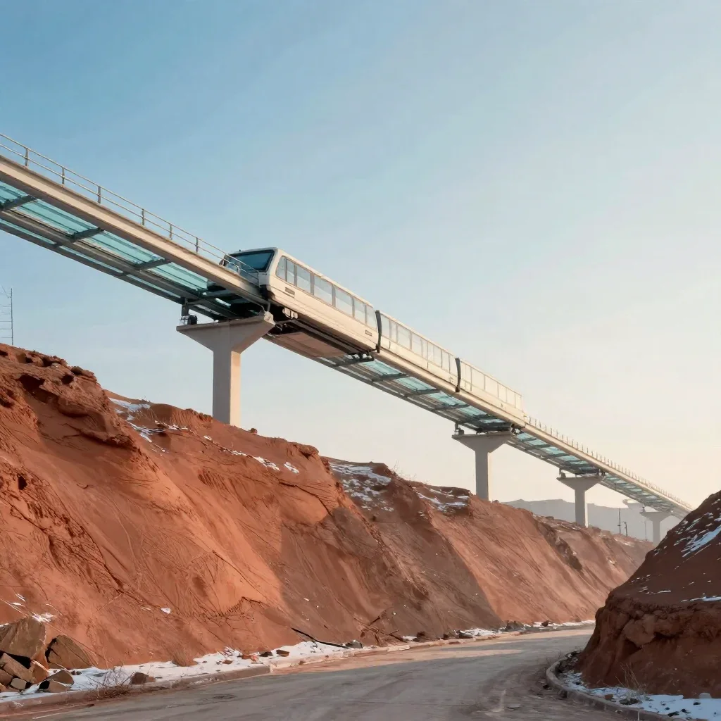 a glass monorail in crisp winter sunlight, dreamlike fine-art landscape photography, soft volumetric light, terracotta a