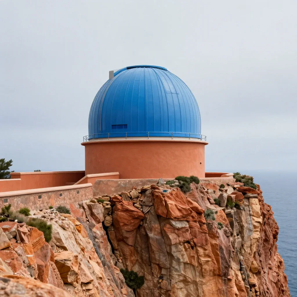 a cliffside observatory under overcast coastal light, high-end design magazine photography, crisp material detail, ochre
