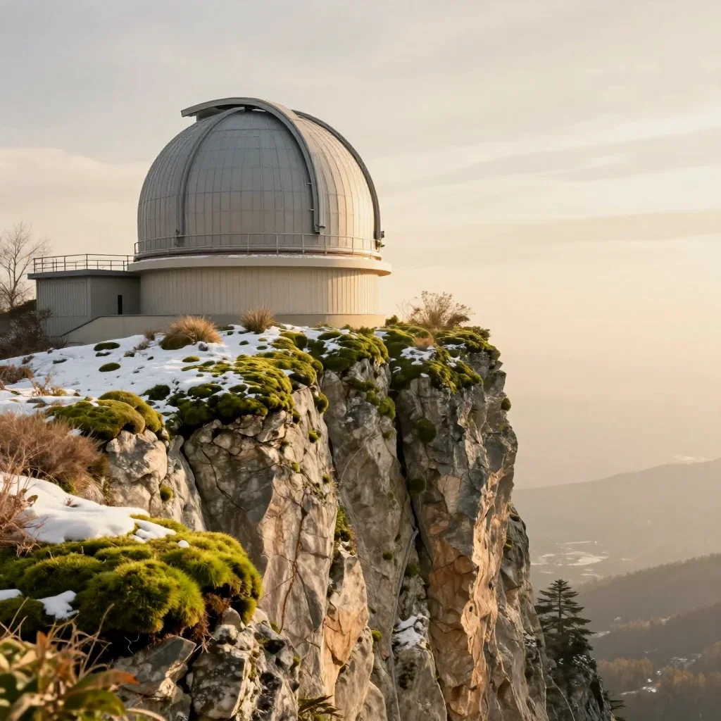 a cliffside observatory in crisp winter sunlight, dreamlike fine-art landscape photography, soft volumetric light, moss 