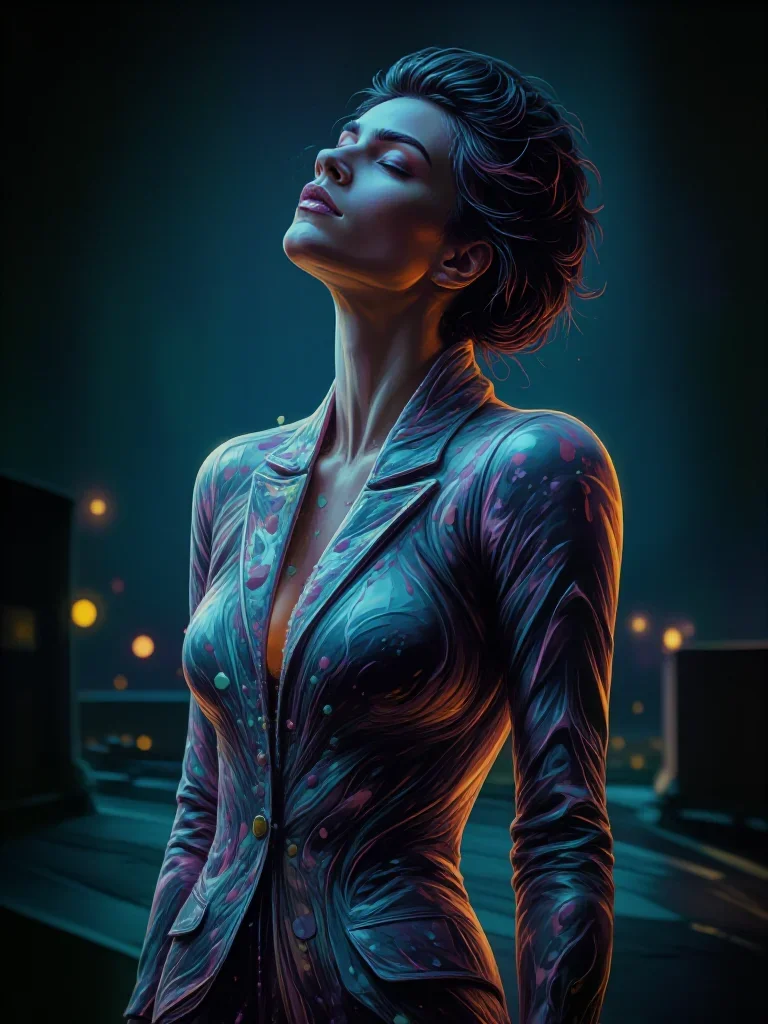 an androgynous model in a sharply tailored suit in a deep breath with eyes closed, on a neon-lit rooftop at midnight, fu