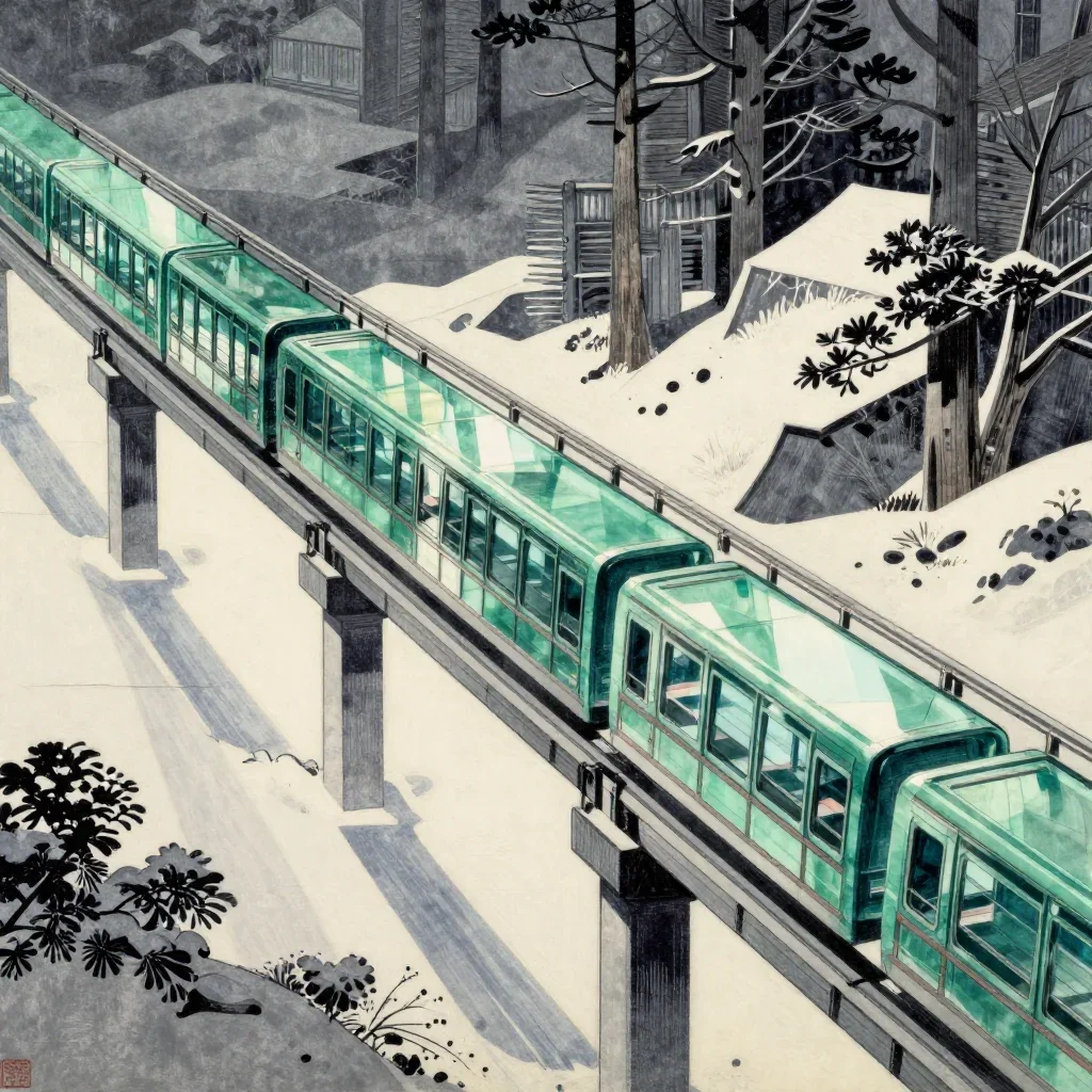 a glass monorail in crisp winter sunlight, Japanese woodblock-inspired editorial art, careful geometric composition, jade and charcoal palette, no people, no text, no logo, no watermark
