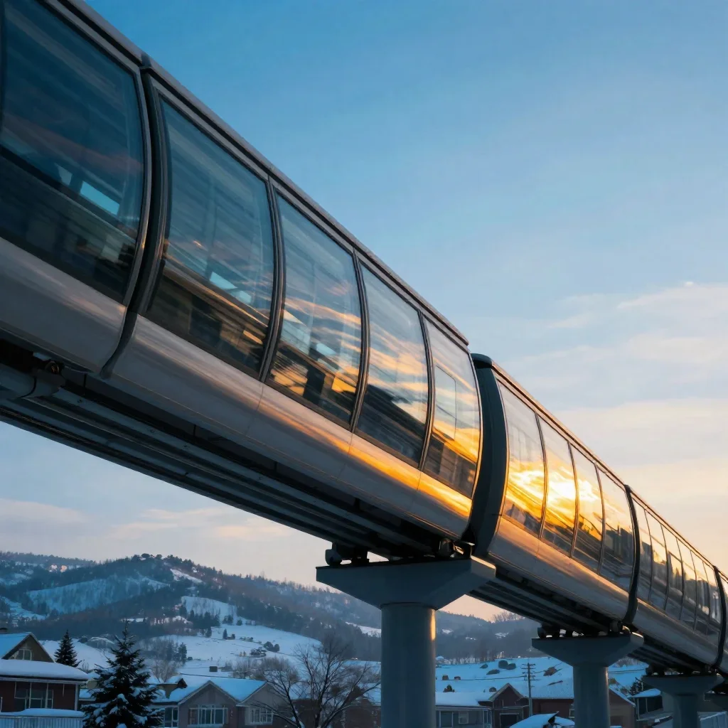 a glass monorail in crisp winter sunlight, cinematic architectural photography, gentle reflected light, cobalt and amber