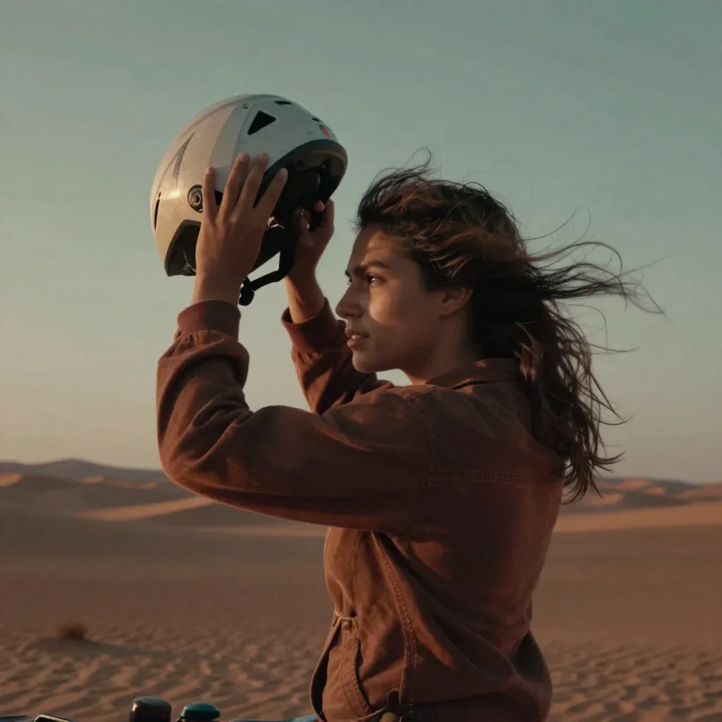 a rider removing a helmet, flushed and windblown in an alluring over-the-shoulder glance, in a silent desert at twilight