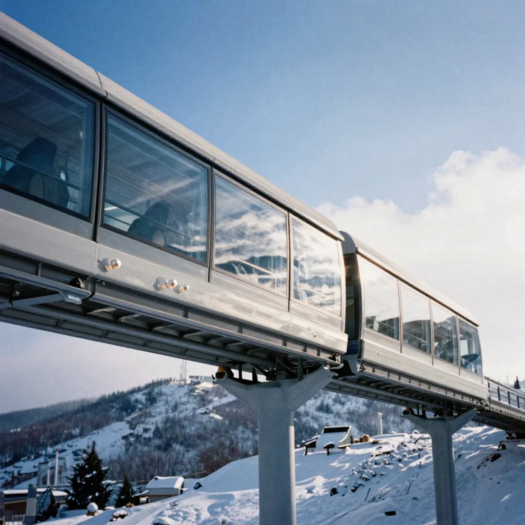 a glass monorail in crisp winter sunlight, refined editorial travel photography, subtle film grain, indigo and pearl pal