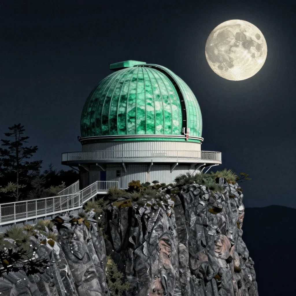 a cliffside observatory at moonrise, Japanese woodblock-inspired editorial art, crisp material detail, jade and charcoal