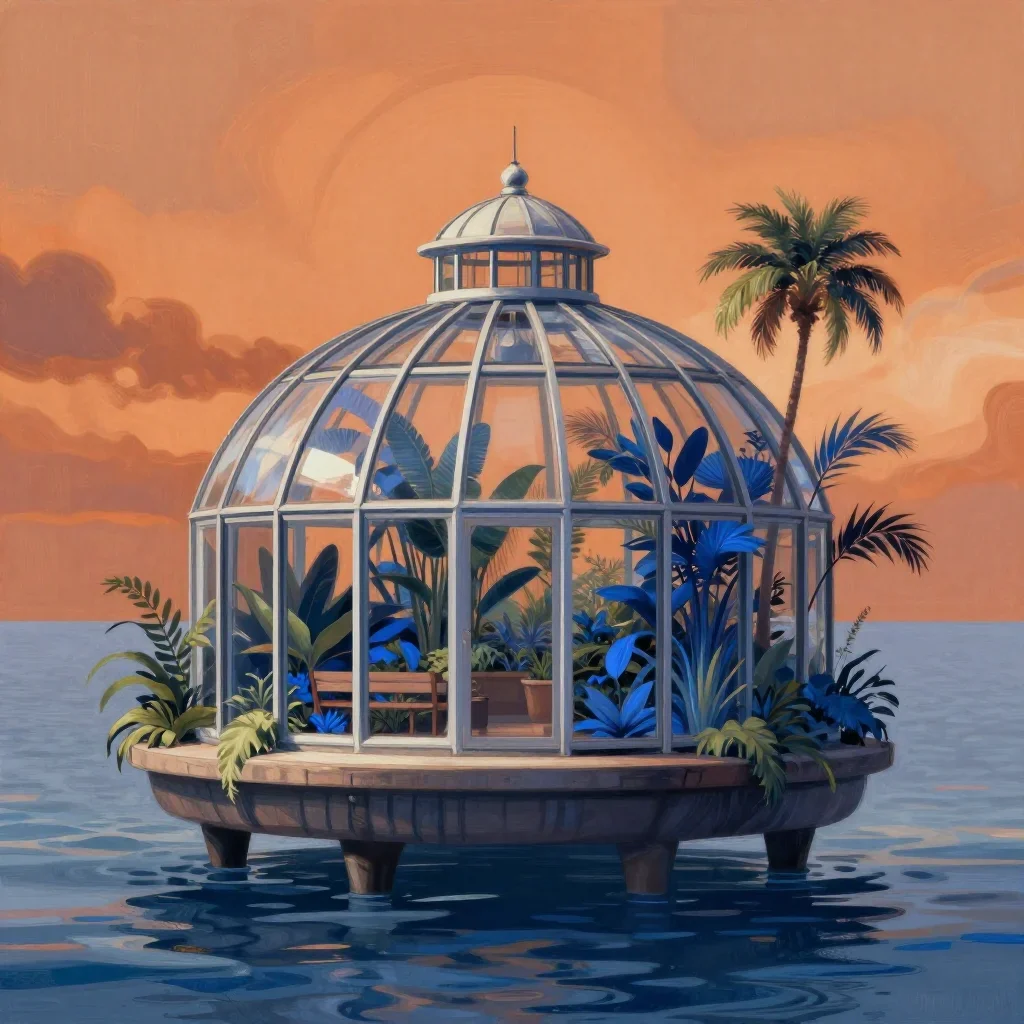 a floating botanical conservatory in a gentle sea breeze, contemporary botanical illustration, atmospheric depth, ochre