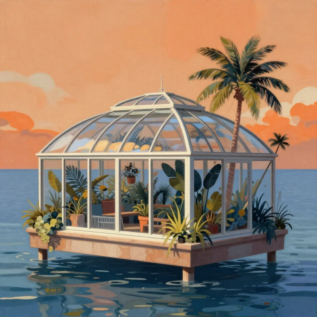 a floating botanical conservatory in a gentle sea breeze, contemporary botanical illustration, soft volumetric light, oc