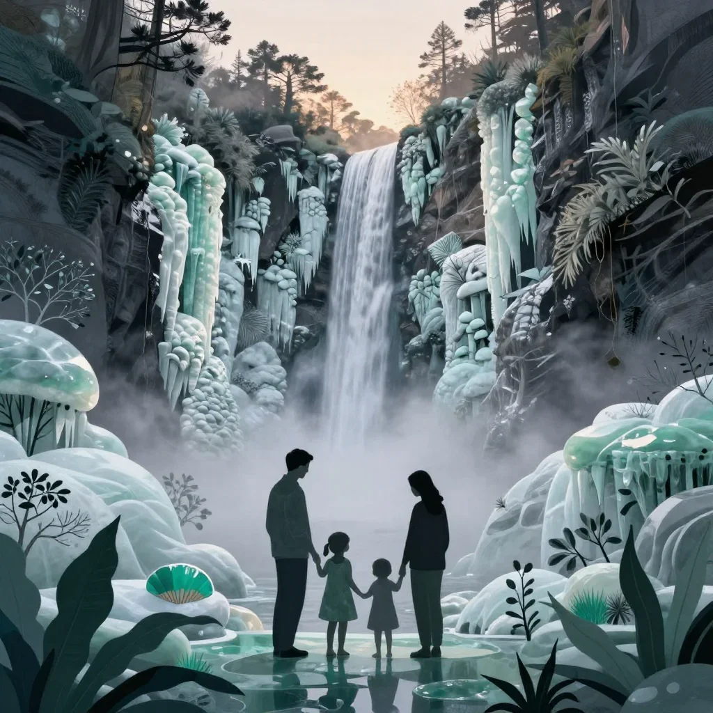 a frozen waterfall canyon under soft dawn fog, contemporary botanical illustration, layered foreground framing, jade and
