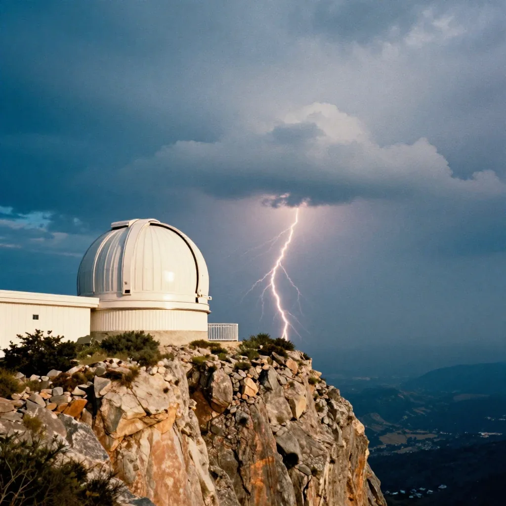 a cliffside observatory after a distant thunderstorm, soft-grain analog film photography, gentle reflected light, cobalt