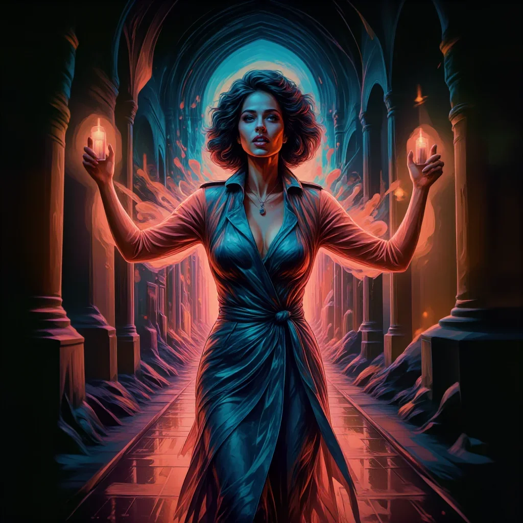 a noir detective's femme fatal muse in a trench coat in a bold, open-armed welcome, in a candle-lit cathedral ruin, Nati