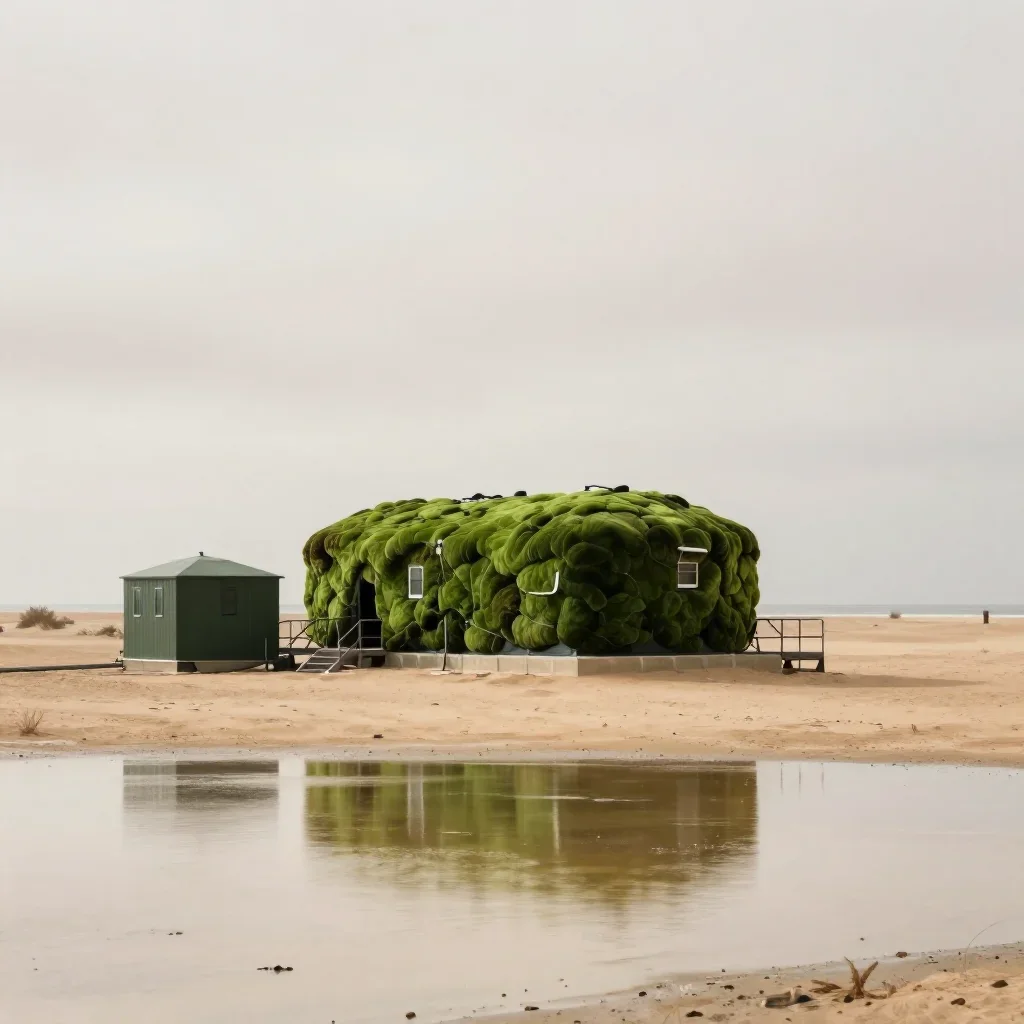 a desert research station under overcast coastal light, refined editorial travel photography, gentle reflected light, mo