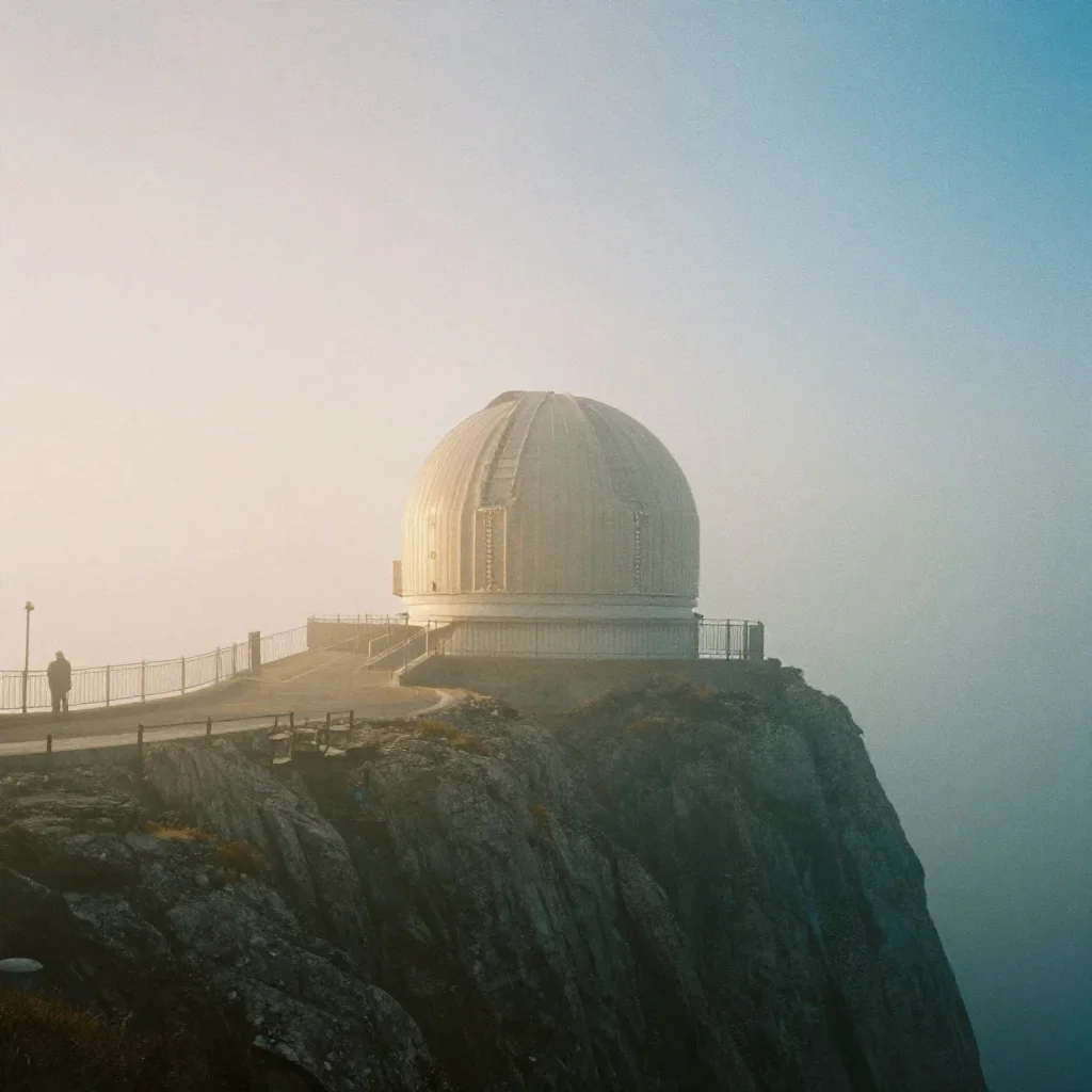 a cliffside observatory under soft dawn fog, soft-grain analog film photography, soft volumetric light, ochre and ultram