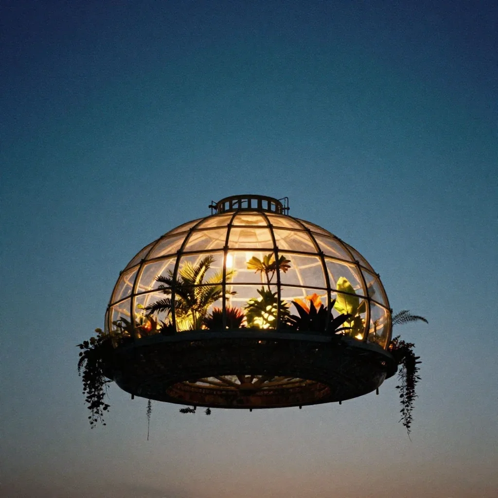 a floating botanical conservatory beneath a star-filled sky, soft-grain analog film photography, calm negative space, cobalt and amber palette, no people, no text, no logo, no watermark