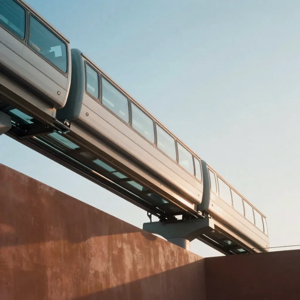 a glass monorail in crisp winter sunlight, cinematic architectural photography, soft volumetric light, terracotta and pa